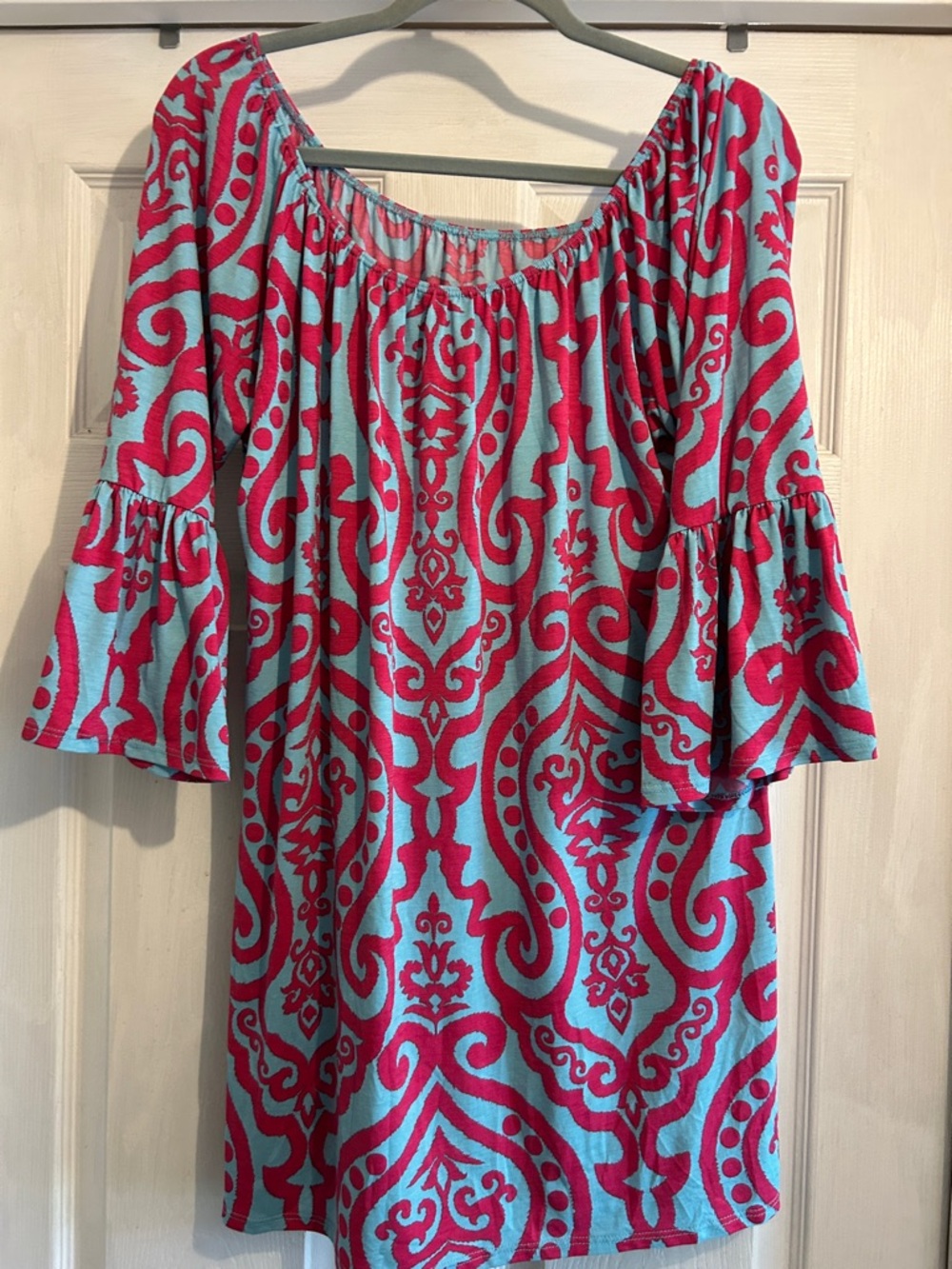 Off-Shoulder Mini Dress in Pink & Turquoise with Bell Sleeves